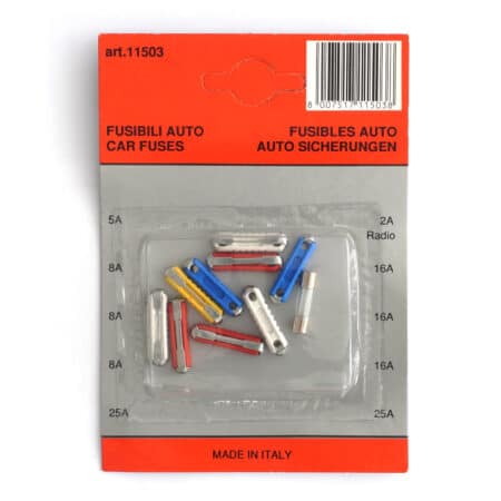 Blister Cu 9 Sigurante Fuzibile Cilindrice 5/ 8/ 16/ 25 A + Sticla 2A