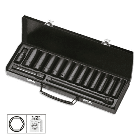 Set De 15 Piese De Impact Cu 12 Tubulare Lungi De 1/2 Inch Hexagonale + Adaptoare Jbm